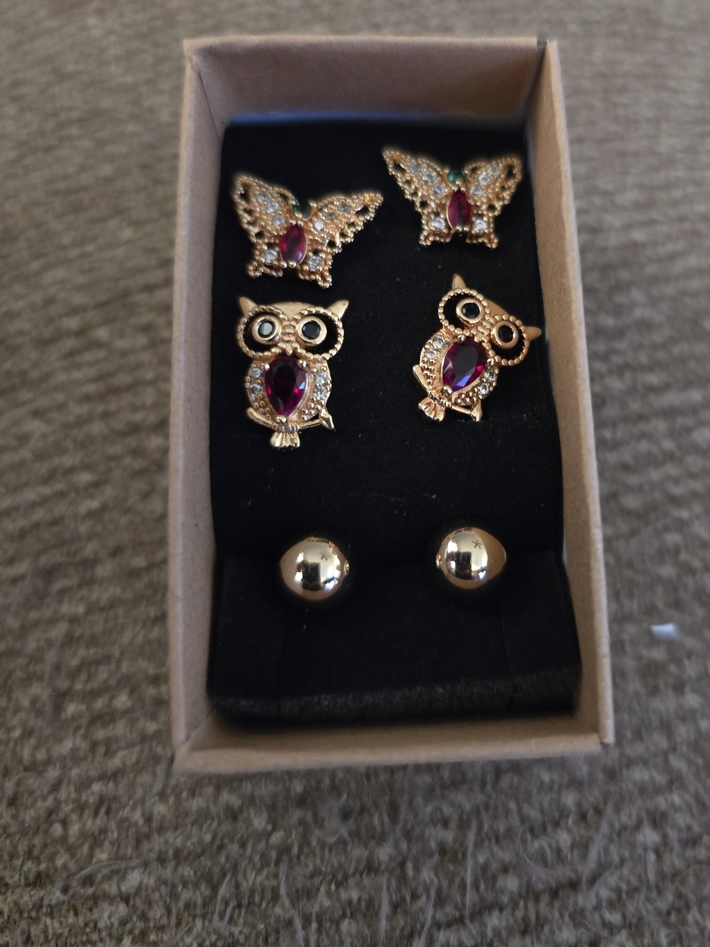 Gold-Tone Owl & Butterfly Stud Earring Set with Ruby Accent